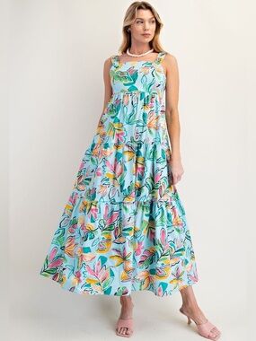 New! #225 New ! easel Aqua Floral Tiered Maxi Dress